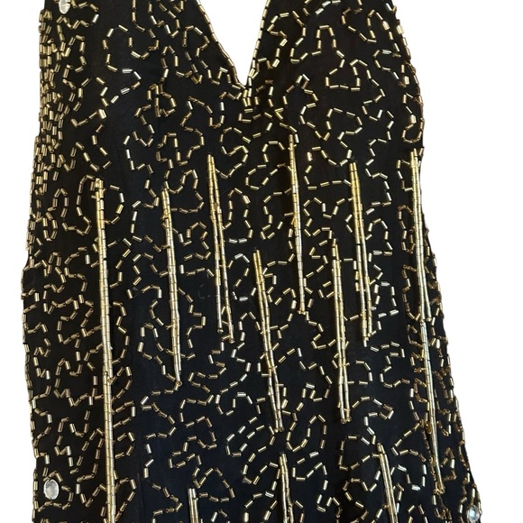Vintage De Oscar Collection 100% Silk Beaded Fringe Halter Midi Dress Sz 8 EUC - Picture 5 of 16